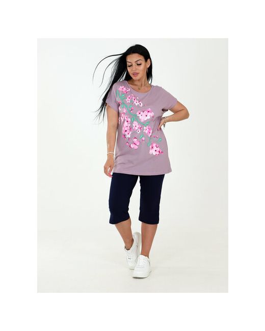 Modalina Костюм футболка и бриджи повседневный стиль свободный силуэт пояс на резинке карманы трикотажный размер 58 фуксия розовый