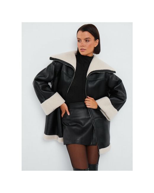 Vittoria Vicci Кожаная куртка демисезон/зима средней длины силуэт прямой без капюшона несъемный мех отделка мехом размер
