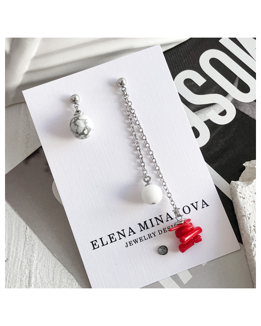 ELENA MINAKOVA Jewelry Design Серьги родирование агат коралл магнезит размер/диаметр 75 мм. белый красный
