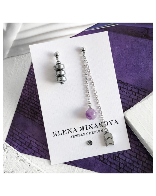 ELENA MINAKOVA Jewelry Design Серьги родирование аметист гематит размер/диаметр 80 мм. серебряный серый