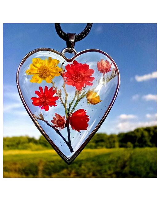 Синичкина шкатулка Кулон Сердце с настоящими цветами летнее украшение прозрачное