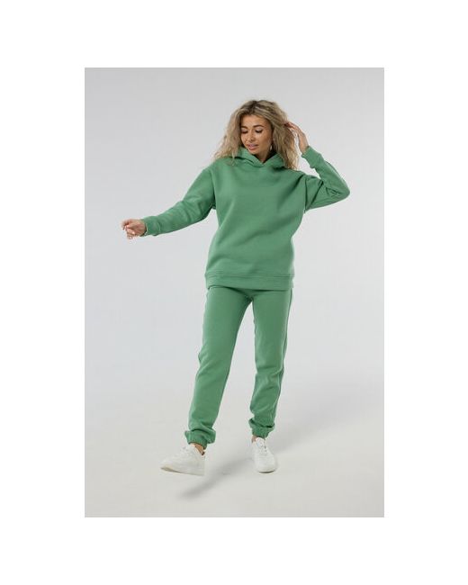 Modalina Костюм толстовка и брюки повседневный стиль свободный силуэт капюшон плоские швы утепленный трикотажный карманы размер 52 зеленый