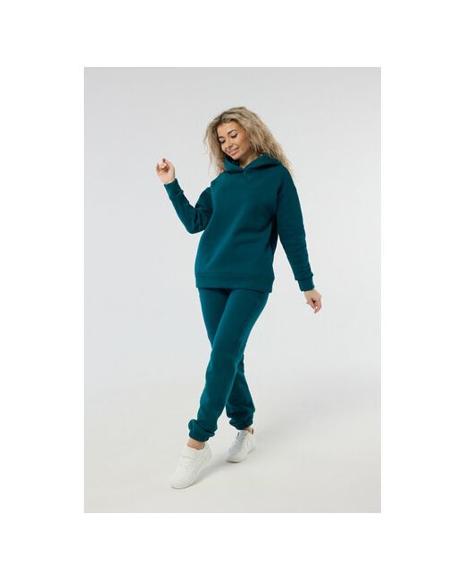 Modalina Костюм толстовка и брюки повседневный стиль свободный силуэт капюшон плоские швы утепленный трикотажный карманы размер 44 зеленый