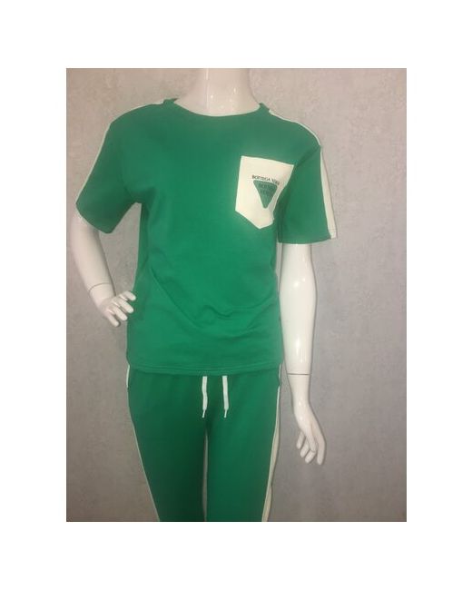 Узбекистан Костюм футболка и брюки повседневный стиль свободный силуэт карманы трикотажный пояс на резинке размер 42 зеленый белый