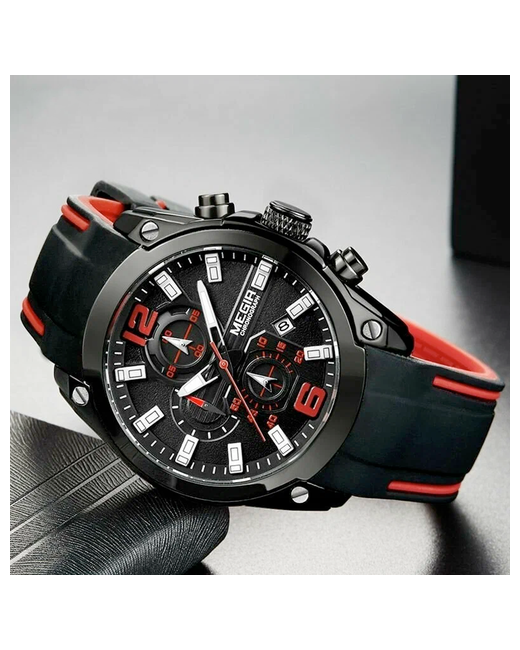 Megir Наручные часы Кварцевые спортивные водонепроницаемые с хронографом черный красный