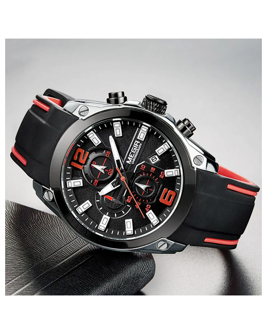 Megir Наручные часы Кварцевые спортивные 2063GRE водонепроницаемые с хронографом черный серебряный