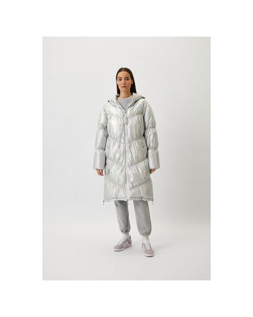 Ice Play куртка зимняя средней длины силуэт свободный стеганая карманы капюшон размер 46 серебряный