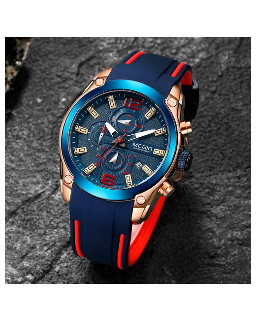 Megir Наручные часы Кварцевые спортивные 2063GRE водонепроницаемые с хронографом красный