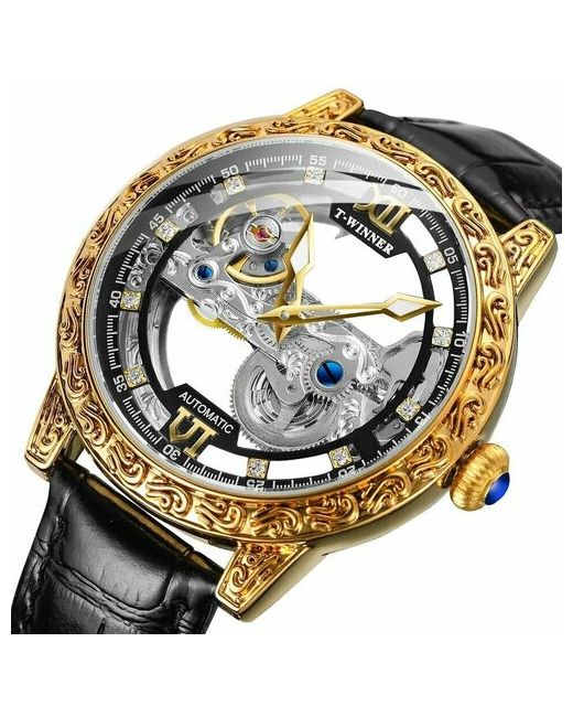 Winner Наручные часы Новейшие золотые прозрачные наручные Кожаный скелетоны Пользовательские механические автоматические для черный