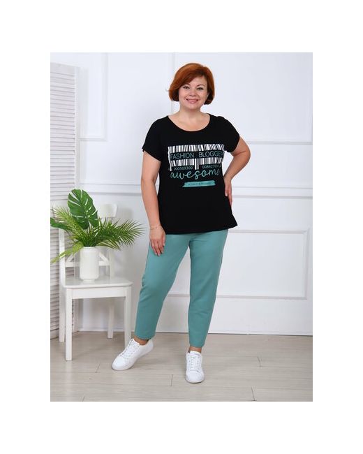 IvCapriz Костюм футболка и брюки повседневный стиль прямой силуэт пояс на резинке карманы трикотажный размер 54 черный зеленый