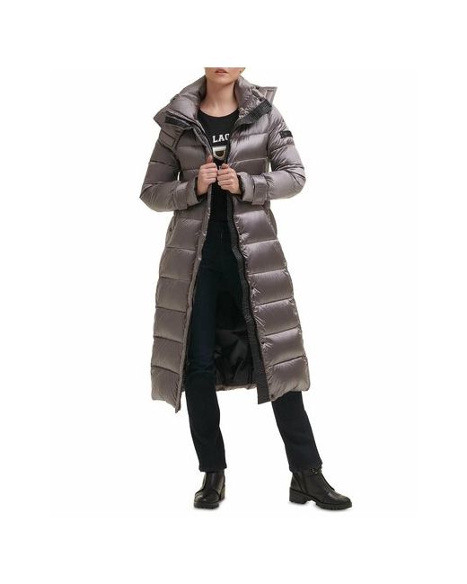 Karl Lagerfeld Пуховик удлиненный силуэт полуприлегающий капюшон пояс/ремень подкладка внутренний карман карманы ветрозащитный водонепроницаемый герметичные швы размер серебряный серый