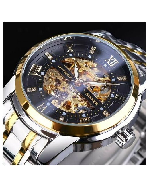 T-Winner Наручные часы наручные с бриллиантовой имитацией и светящимся скелетом черный серебряный