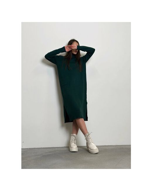 Crystal Платье-свитер повседневное классическое свободный силуэт миди карманы утепленное размер one зеленый