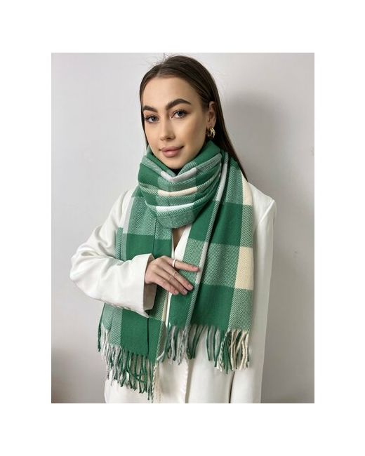YuliyaMoon Шарф кашемир шерсть с бахромой 180х80 см белый зеленый