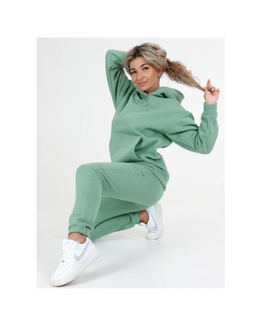 Modalina Костюм толстовка и брюки повседневный стиль оверсайз пояс на резинке утепленный плоские швы карманы капюшон манжеты размер 56 зеленый