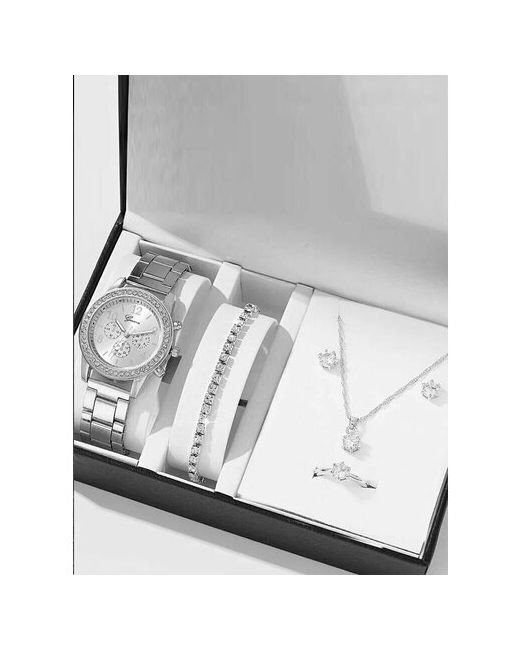 Time Lider Комплект бижутерии Набор кварцевые наручные часы 39 мм браслет ожерелье кольцо и сережки с вставками в виде кристаллов серебряный