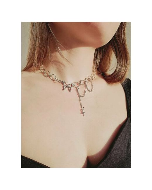 Jewellery by Valentina Korsheva Чокер на шею С бабочкой и крестиком металл длина 40 см. серебряный