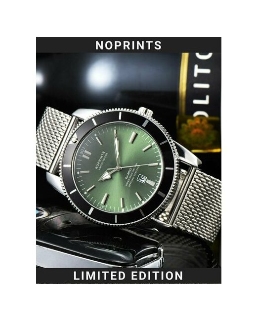 Noprints Наручные часы Часы наручные кварцевые классические с безелем и датой Серебряный темно-зеленый NPO22 серебряный