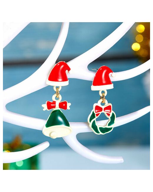Сувирин Серьги с подвесками Новый Год и Рождество размер/диаметр 45 мм. зеленый белый