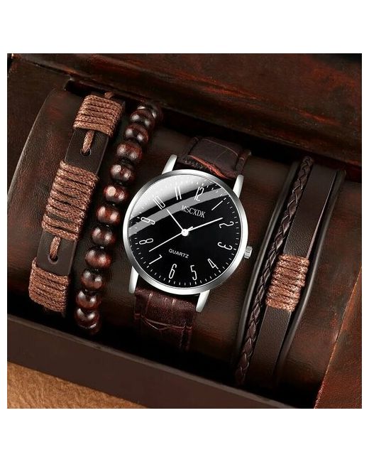 Mscxdk Наручные часы Кварцевые наручные с кожаным браслетом и фенечками серебряный черный
