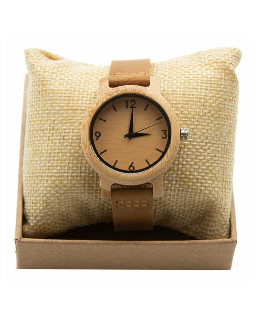 gamesfamily Наручные часы из натурального бамбука с минималистичным циферблатом 37мм и плоским кожаным ремешком светло-коричневого цвета в стильной коробке
