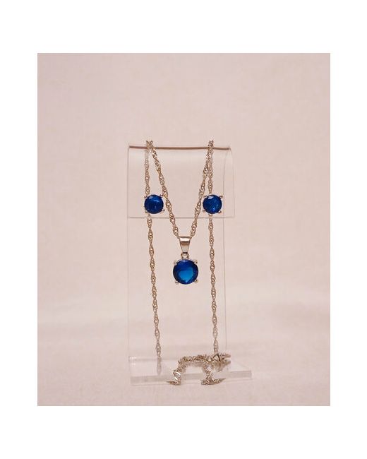 Fashion Jewelry Комплект бижутерии украшений серьги и цепочка с кулоном циркон синий серебряный