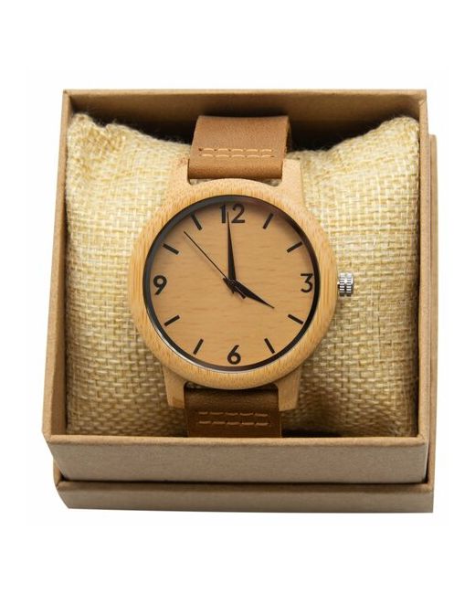 gamesfamily Наручные часы из натурального бамбука с детальным циферблатом 44мм и плоским кожаным ремешком светло-коричневого цвета в стильной коробке