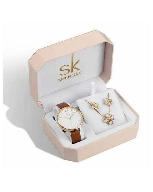 Shengke Наручные часы кварцевые с аксессуарами в подарочной коробке 38 мм золотой