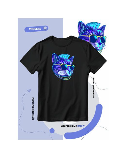 Smail-p Футболка синий кот панк с ирокезом и цепочками на шее размер