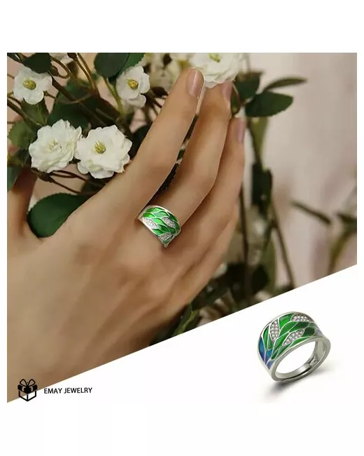 Emay Кольцо фианит эмаль зеленый серебряный