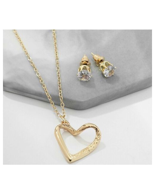DENCO store Комплект бижутерии Гарнитур 2 предмета серьги кулон Сердце изогнутое золото 40 см стекло