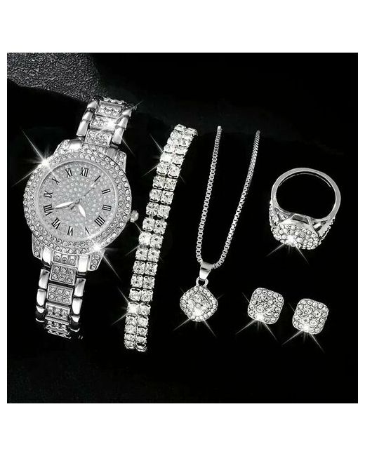 Time Lider Комплект бижутерии женских украшений часы браслет кольцо серьги кулон с цепочкой серебряный