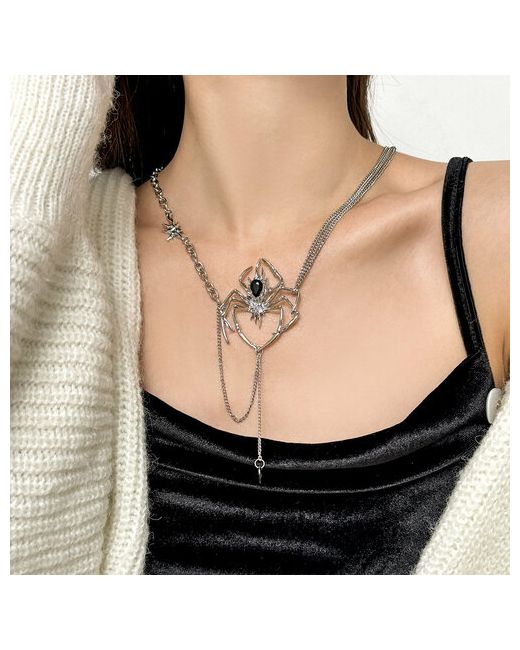 Плешоп Колье Цепочка цепочка на шею ожерелье бижутерия цепь металлическая с пауком искусственный камень длина 30 см серебряный черный