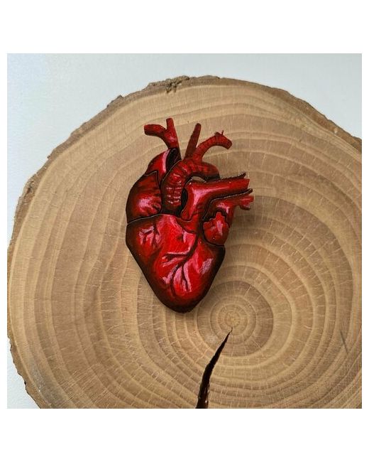 Создашева Анна Значок Брошь ручной работы анатомическое сердце из дерева сердечко