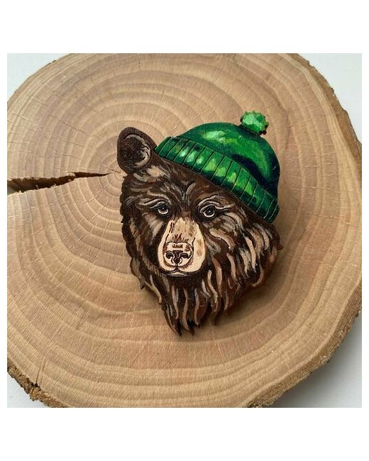 Создашева Анна Брошь авторская Медведь Деревянный значок ручной работы Мишка зеленый