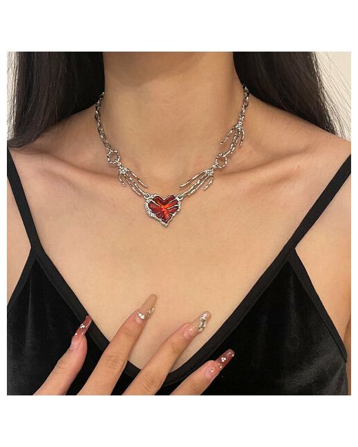 Плешоп Колье Цепочка цепочка на шею ожерелье бижутерия цепь металлическая с руками и сердцем искусственный камень длина 24 см красный серебряный