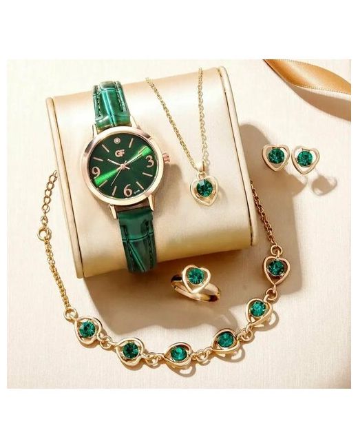 Time Lider Комплект бижутерии Набор женских украшений из 6-ти предметов наручные часы кольцо серьги ожерелье с кулоном браслет