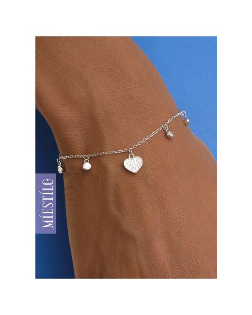 Miestilo Браслет-цепочка на руку ювелирный с подвесками сердечками серебро 925 проба родирование фианит длина 19 см.