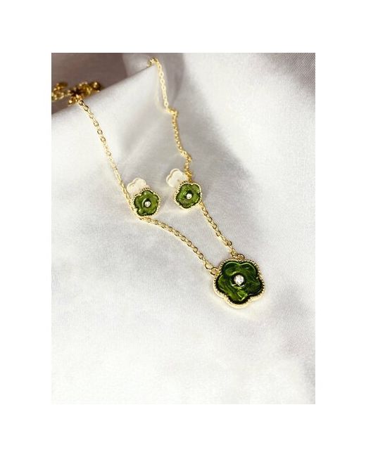 Clover Brand Jewelry Комплект бижутерии цепь подвеска чокер колье серьги эмаль размер колье/цепочки 45 см золотой зеленый