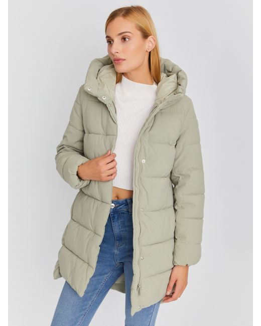 Zolla Тёплая стёганая куртка-пальто удлинённого фасона с капюшоном