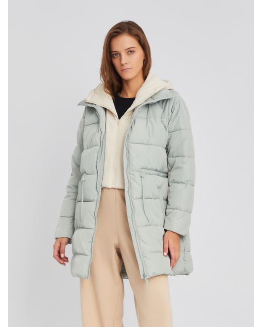 Zolla Тёплая стёганая куртка-пальто с трикотажным капюшоном и вшитой манишкой на молнии