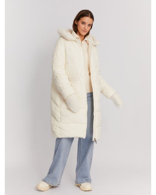 Zolla Тёплая куртка-пальто с капюшоном и отделкой из экомеха
