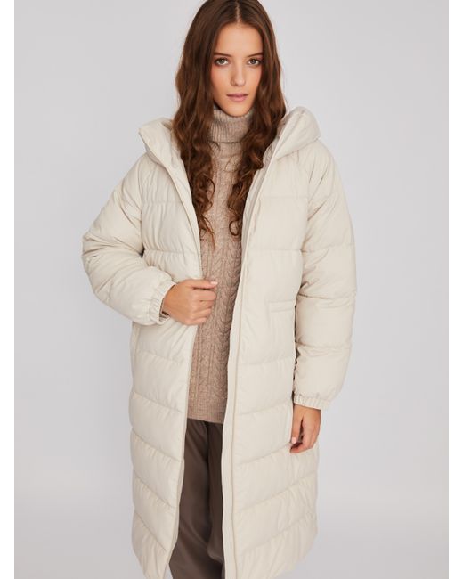 Zolla Тёплая длинная куртка-пальто из экокожи с капюшоном и кулиской на талии