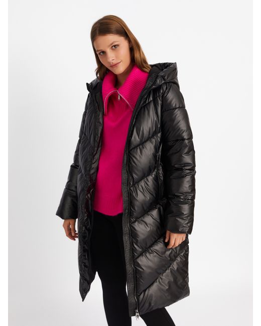 Zolla Тёплая длинная куртка-пальто из экокожи с капюшоном