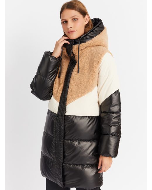Zolla Тёплая куртка-пальто из экокожи с отделкой экомеха и капюшоном