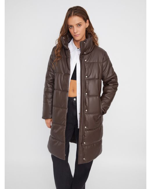 Zolla Тёплая стёганая куртка-пальто из экокожи с высоким воротником