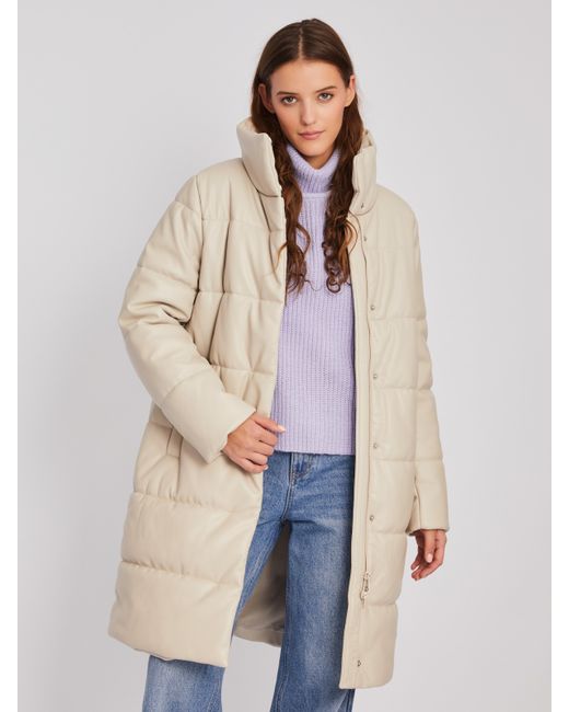 Zolla Тёплая стёганая куртка-пальто из экокожи с высоким воротником
