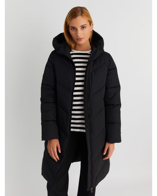 Zolla Тёплая стёганая куртка-пальто удлинённого фасона с капюшоном