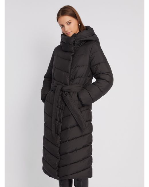 Zolla Тёплая длинная куртка-пальто с капюшоном и поясом