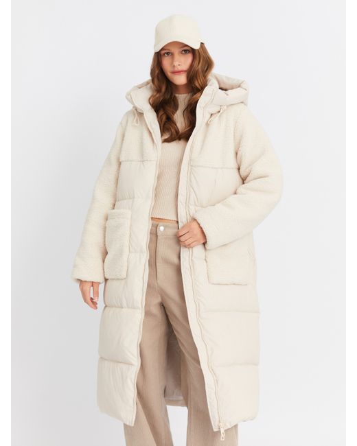 Zolla Тёплая куртка-пальто с отделкой из экомеха и капюшоном